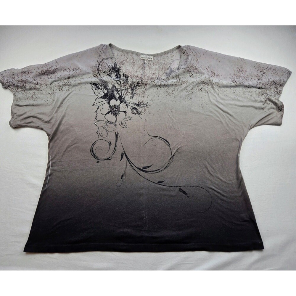 Fashion Bug 1X Black Gray Ombre Sheer Floral Top Rhinestone Y2K Fairy Grunge